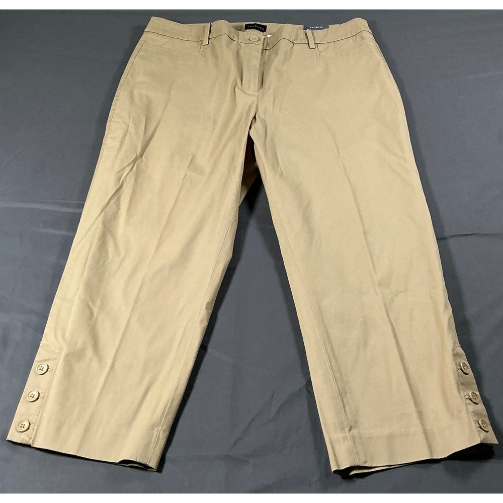 Talbots‎ Perfect Skimmer Khaki Tan Pedal Pusher Crop Pants Button Hem Womens 14